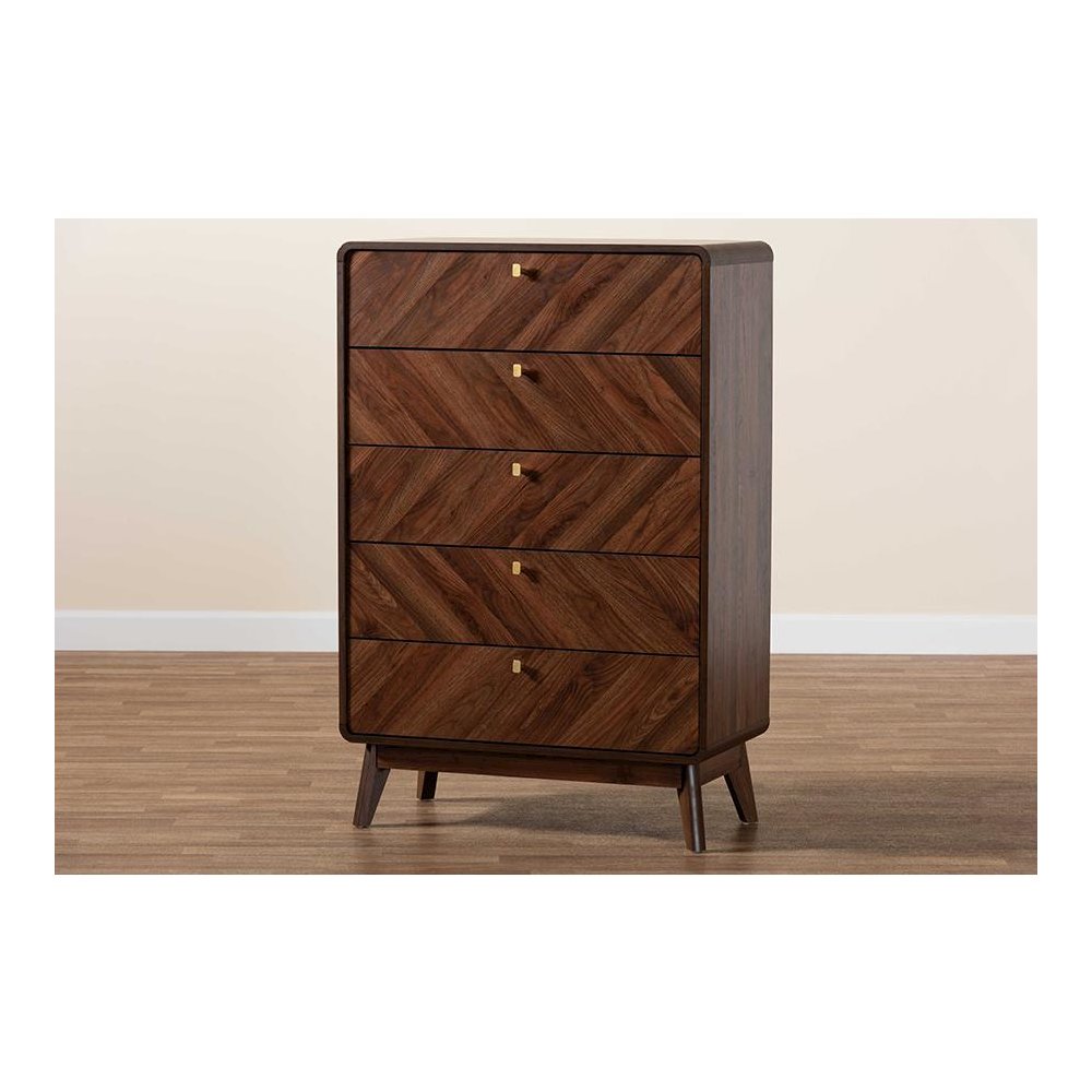 Transitional Walnut Brown Finished Wood 5-Drawer Storage Chest. Picture 9