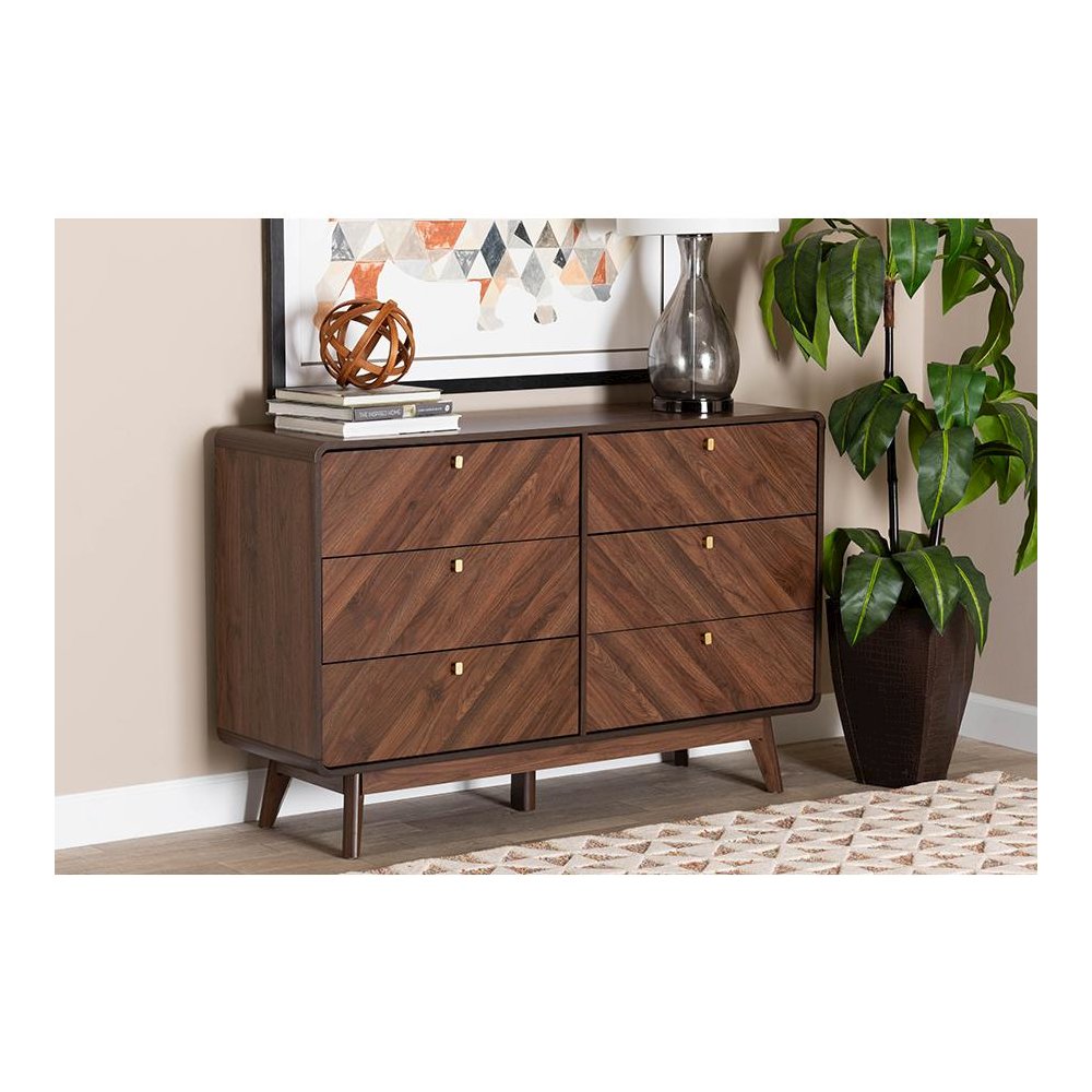 Transitional Walnut Brown Finished Wood 6-Drawer Dresser. Picture 8