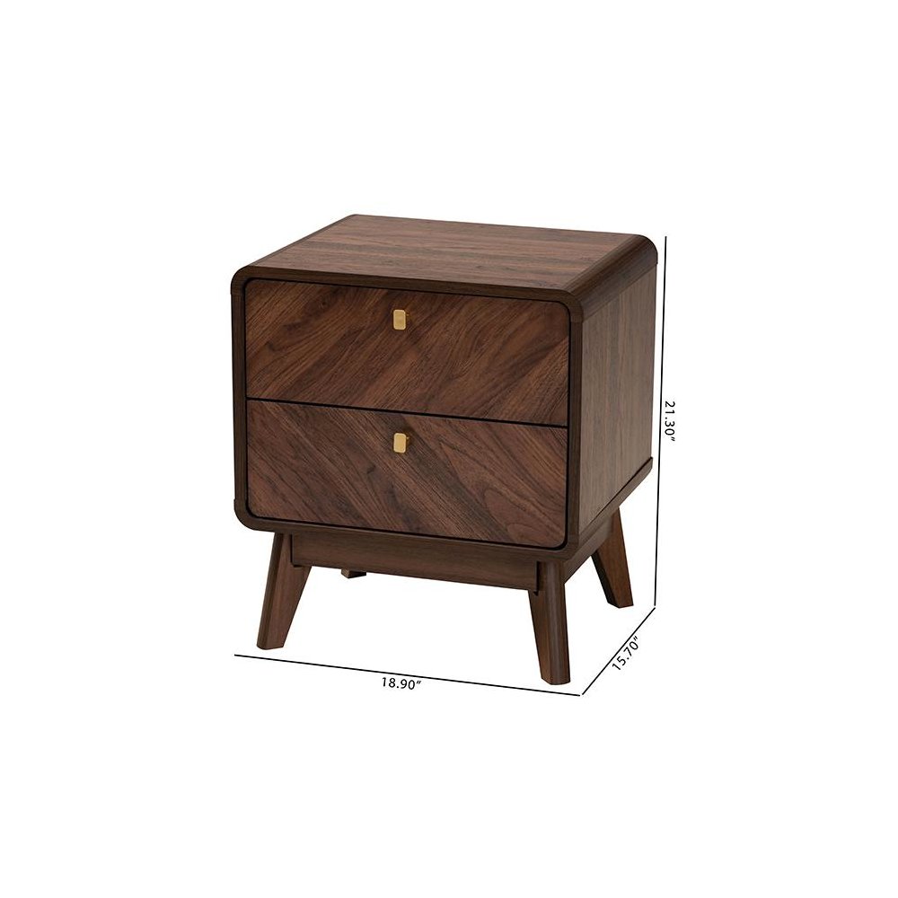 Markell Mid-Century Transitional Walnut Brown Finished Wood 2-Drawer Nightstand. Picture 10
