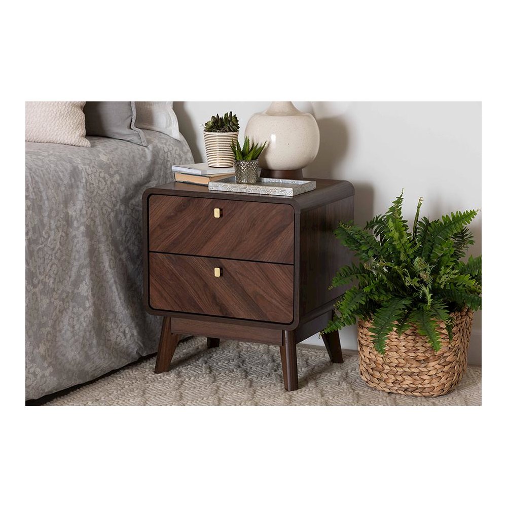 Markell Mid-Century Transitional Walnut Brown Finished Wood 2-Drawer Nightstand. Picture 8