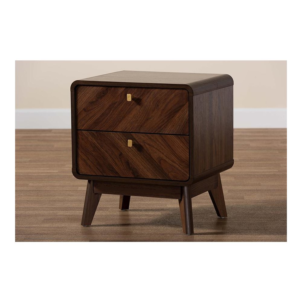 Markell Mid-Century Transitional Walnut Brown Finished Wood 2-Drawer Nightstand. Picture 9