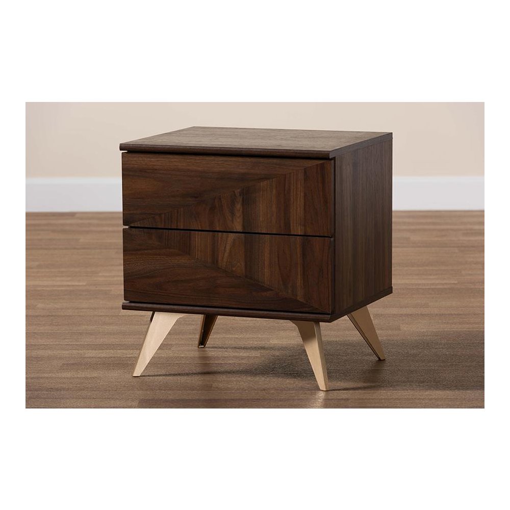 Transitional Walnut Brown Finished Wood 2-Drawer Nightstand. Picture 9