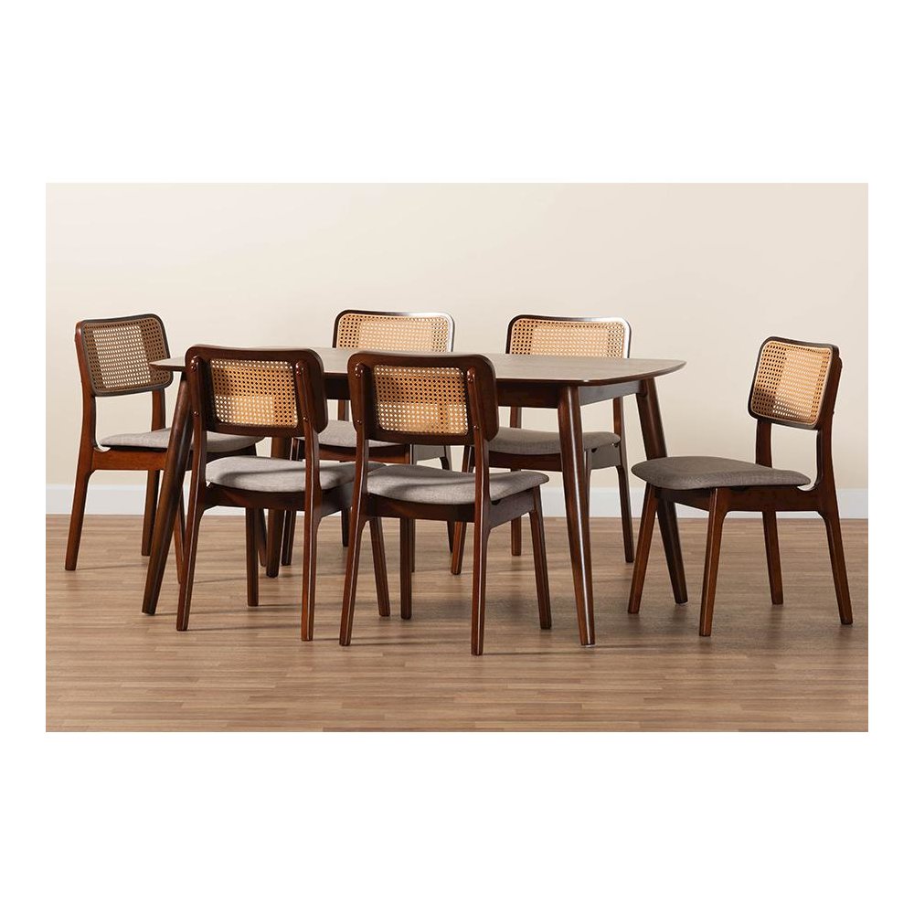 Grey Fabric and Walnut Brown Finished Wood 7-Piece Dining Set. Picture 9