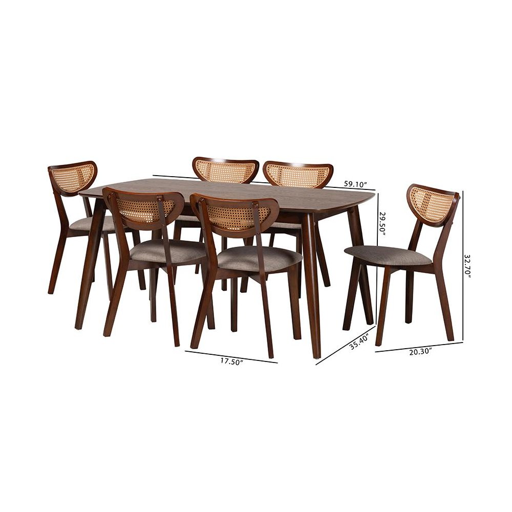 Grey Fabric and Walnut Brown Finished Wood 7-Piece Dining Set. Picture 10