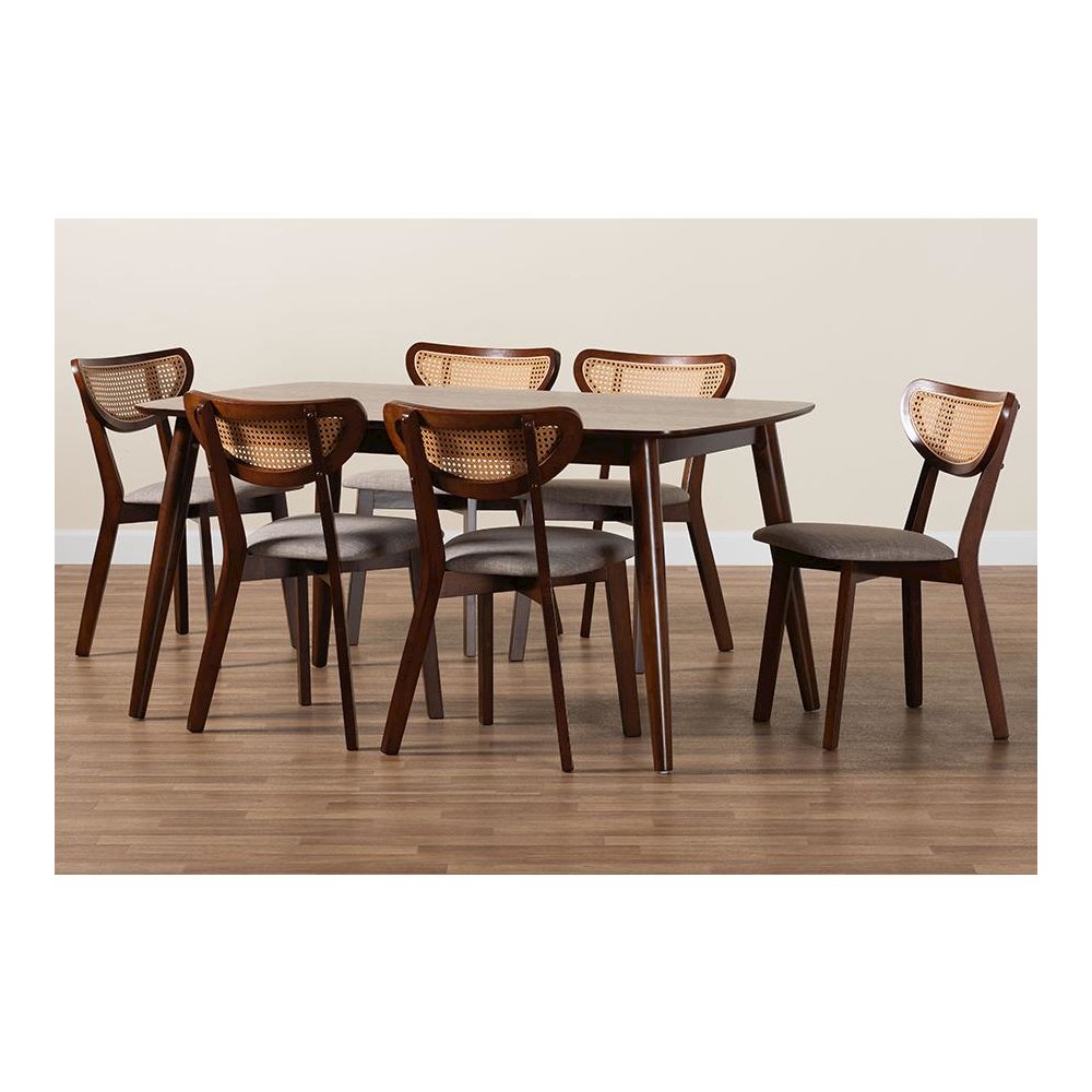 Grey Fabric and Walnut Brown Finished Wood 7-Piece Dining Set. Picture 9