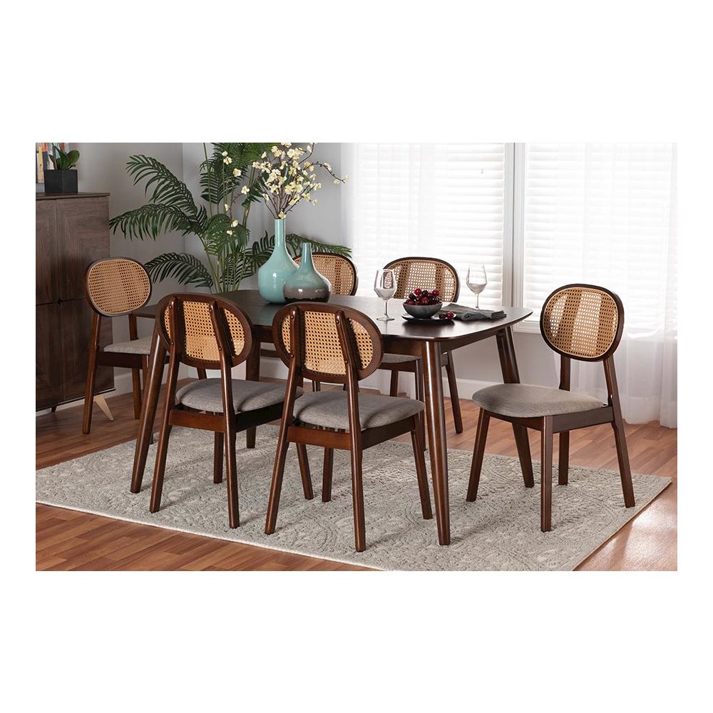 Grey Fabric and Walnut Brown Finished Wood 7-Piece Dining Set. Picture 8