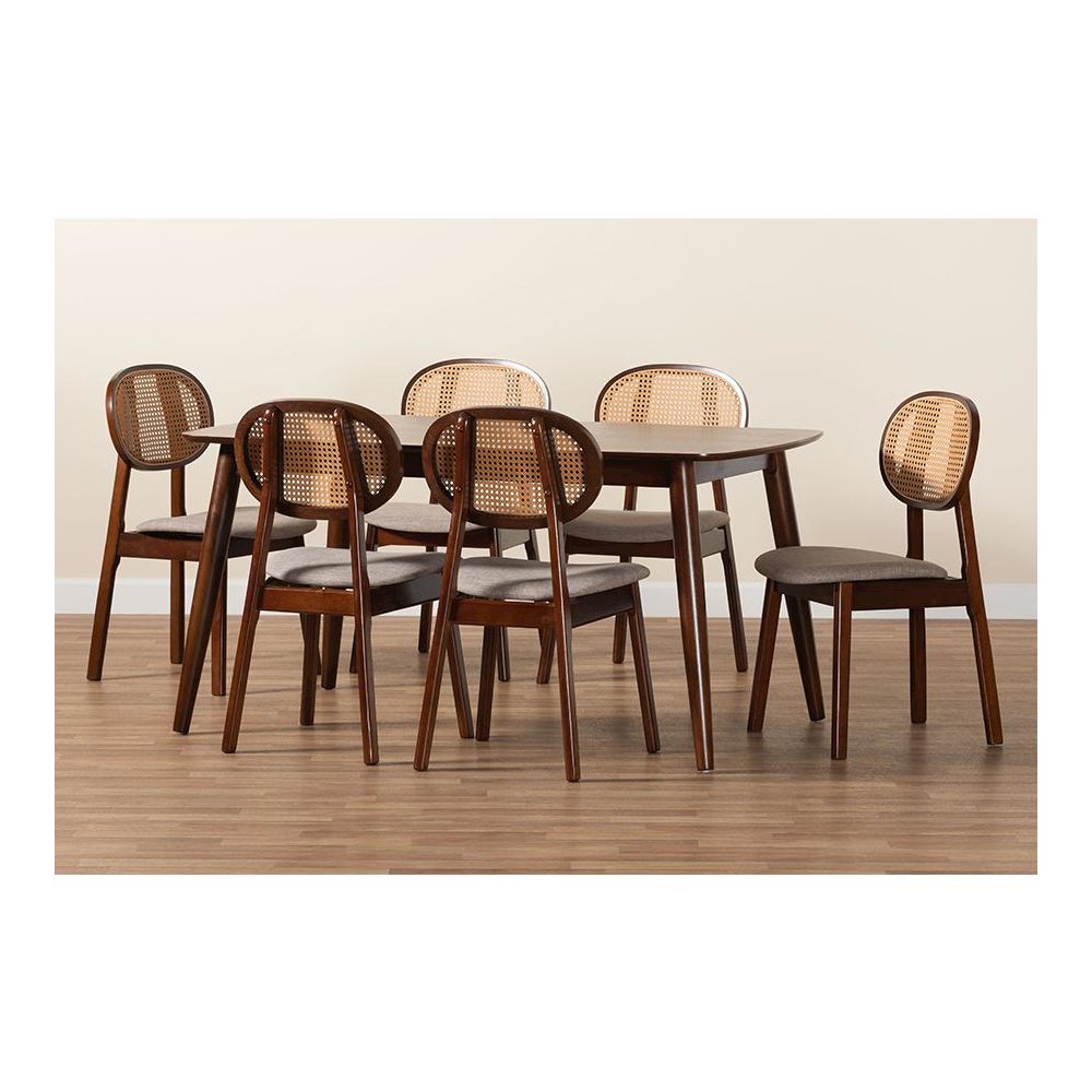 Grey Fabric and Walnut Brown Finished Wood 7-Piece Dining Set. Picture 9