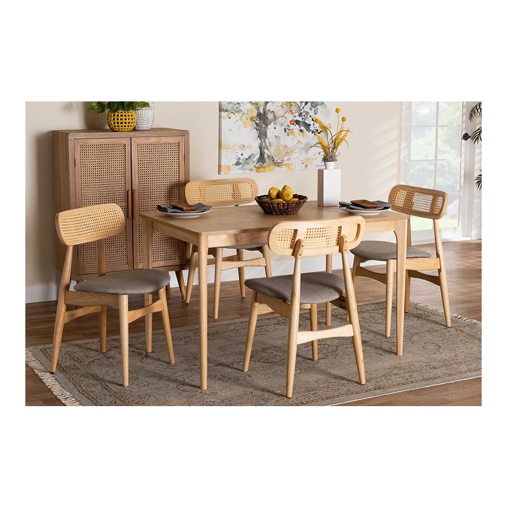 Grey Fabric and Natural Oak Finished Wood 5-Piece Dining Set. Picture 8