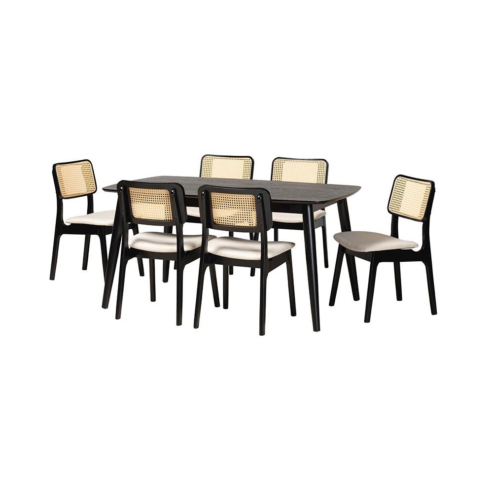 Cream Fabric and Black Finished Wood 7-Piece Dining Set. Picture 1