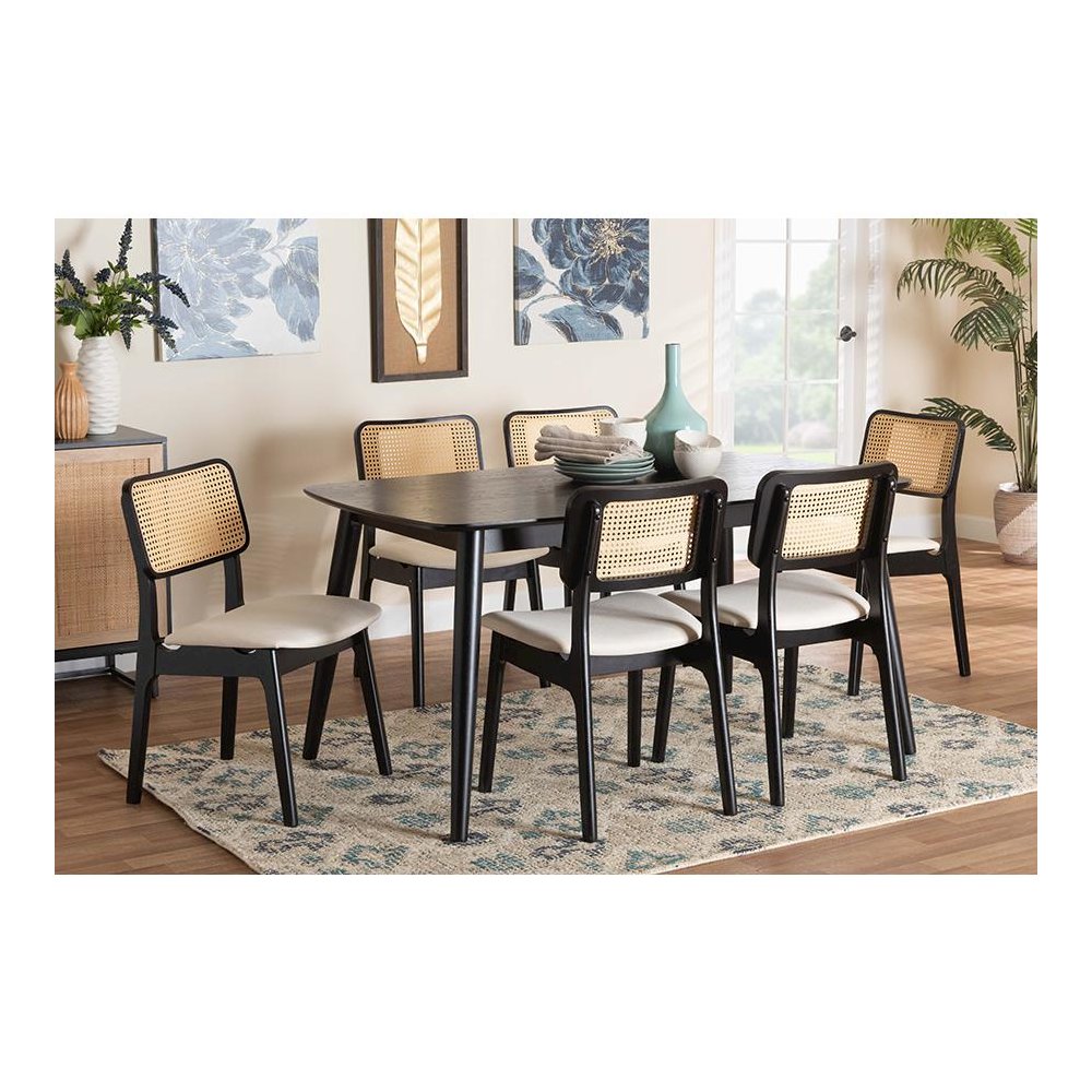 Cream Fabric and Black Finished Wood 7-Piece Dining Set. Picture 8
