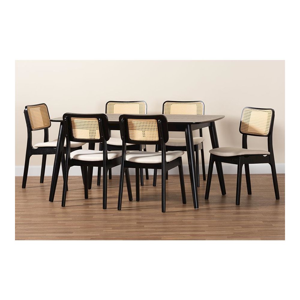 Cream Fabric and Black Finished Wood 7-Piece Dining Set. Picture 9