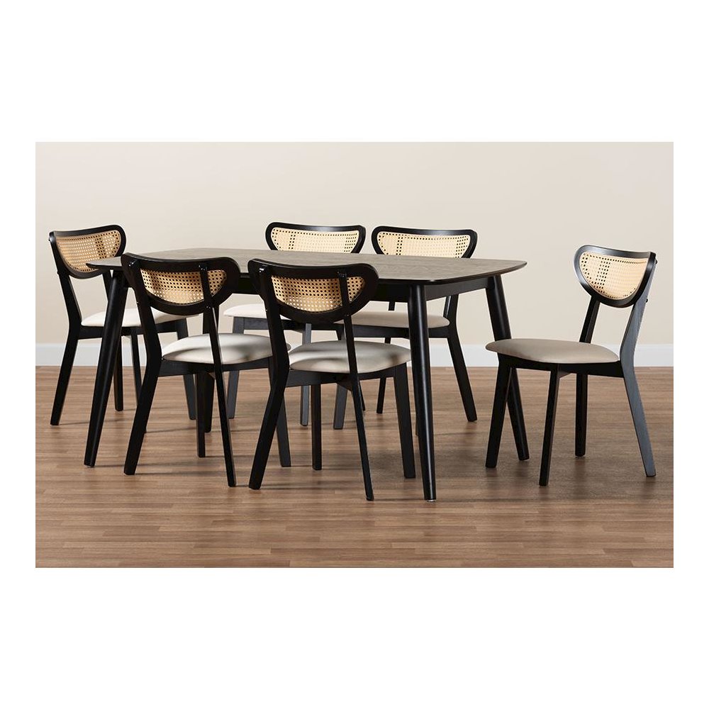 Cream Fabric and Black Finished Wood 7-Piece Dining Set. Picture 9
