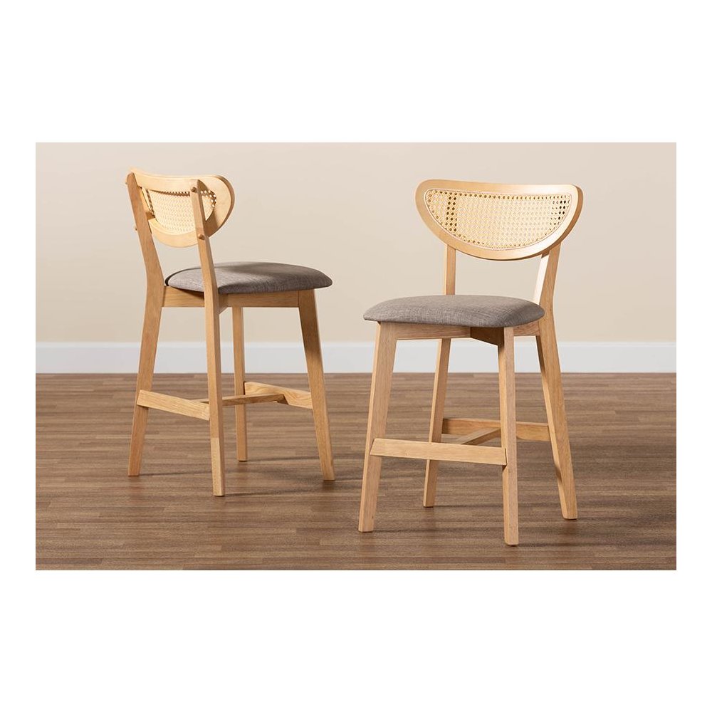 Modern Grey Fabric and Natural Oak Finished Wood 2-Piece Counter Stool Set. Picture 8