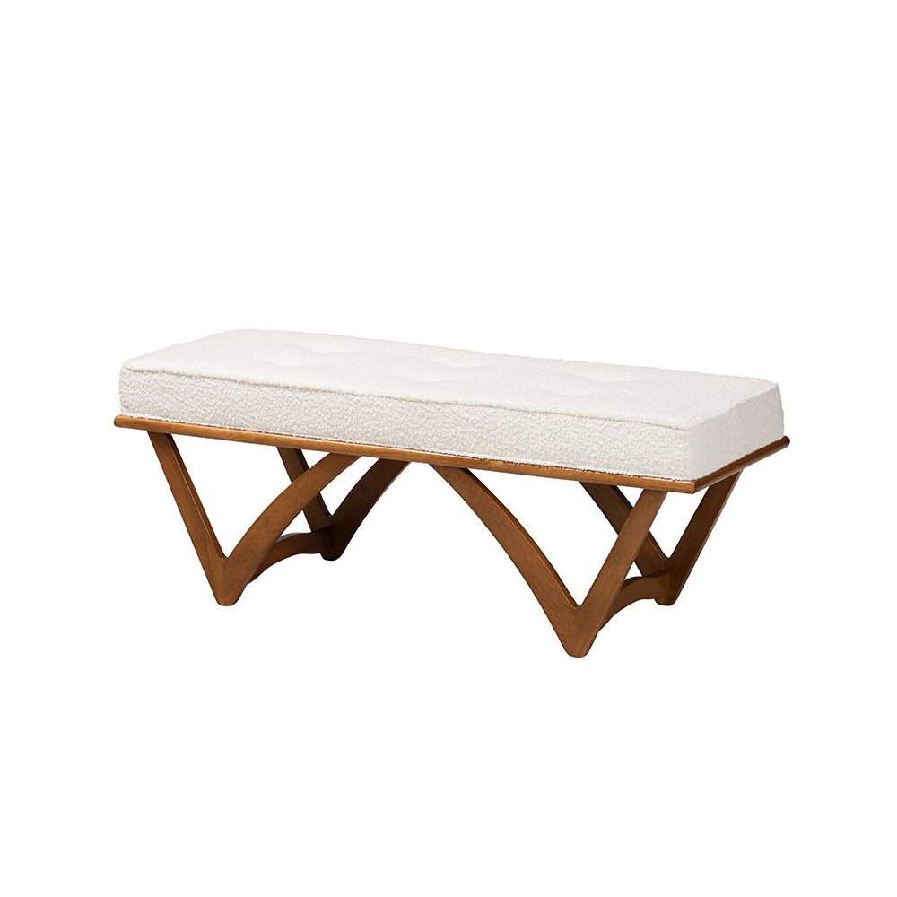 Chenoa Japandi Cream Boucle Fabric and Walnut Brown Finished Wood Bench. Picture 1