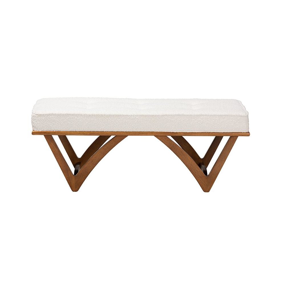 Chenoa Japandi Cream Boucle Fabric and Walnut Brown Finished Wood Bench. Picture 2