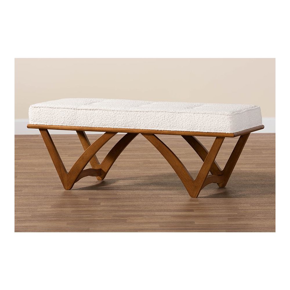 Chenoa Japandi Cream Boucle Fabric and Walnut Brown Finished Wood Bench. Picture 7