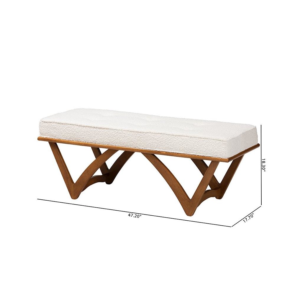 Chenoa Japandi Cream Boucle Fabric and Walnut Brown Finished Wood Bench. Picture 8