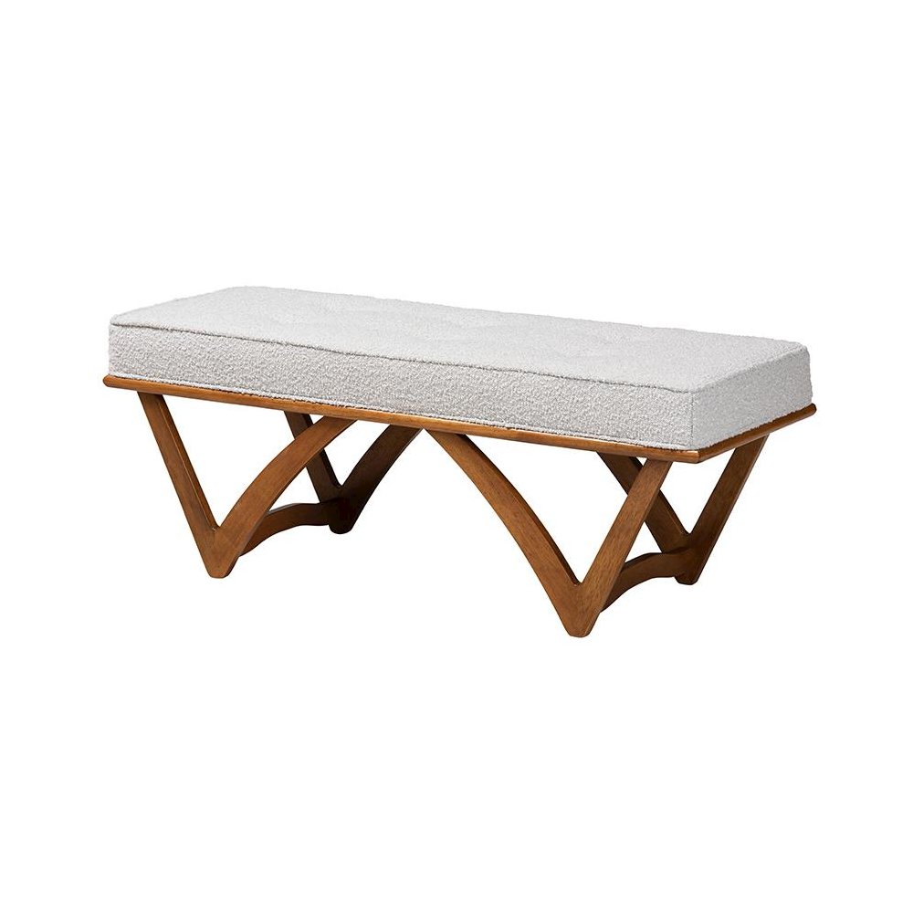 Chenoa Japandi Light Grey Boucle Fabric and Walnut Brown Finished Wood Bench. Picture 1