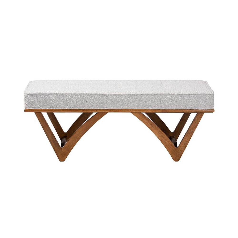 Chenoa Japandi Light Grey Boucle Fabric and Walnut Brown Finished Wood Bench. Picture 2