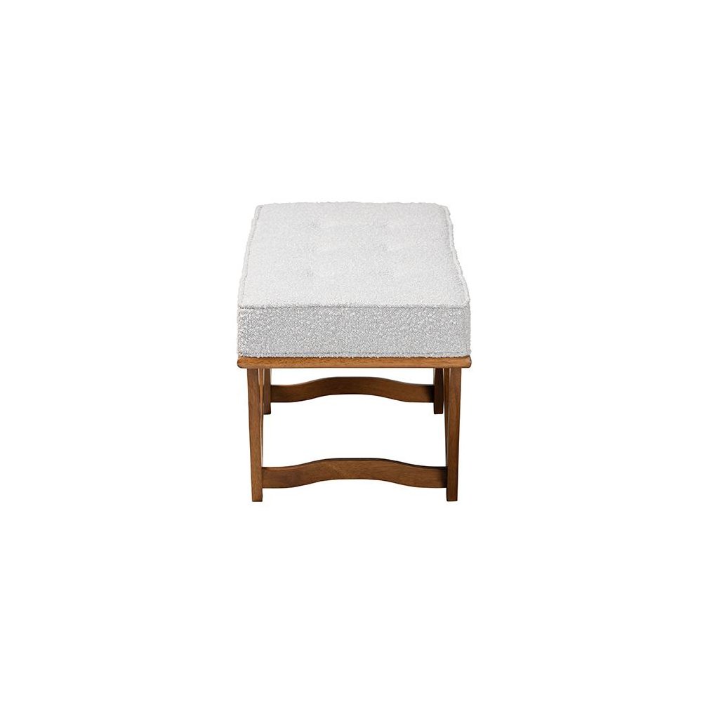 Chenoa Japandi Light Grey Boucle Fabric and Walnut Brown Finished Wood Bench. Picture 3