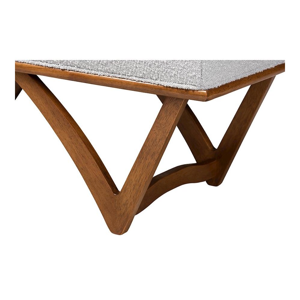 Chenoa Japandi Light Grey Boucle Fabric and Walnut Brown Finished Wood Bench. Picture 4