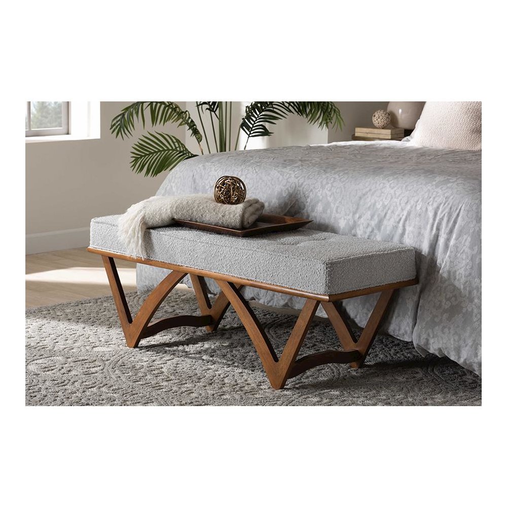 Chenoa Japandi Light Grey Boucle Fabric and Walnut Brown Finished Wood Bench. Picture 6
