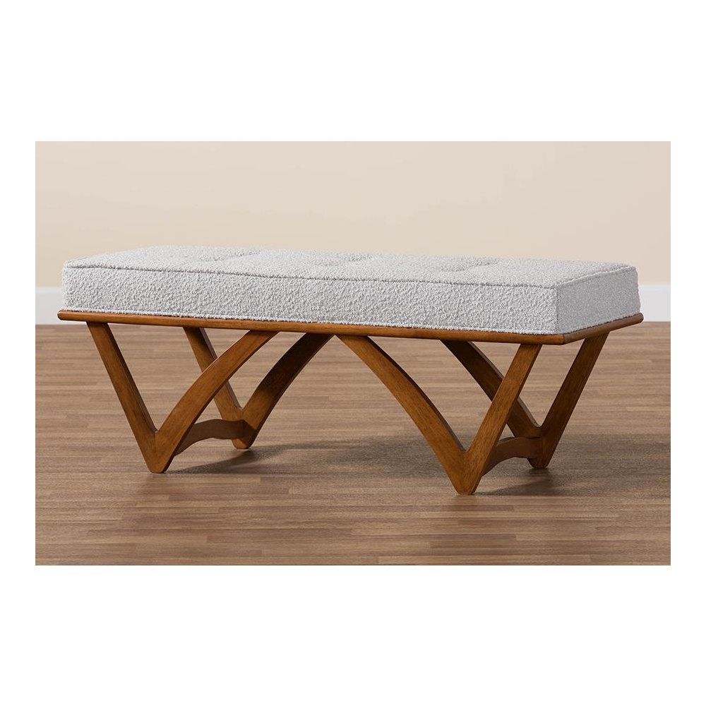 Chenoa Japandi Light Grey Boucle Fabric and Walnut Brown Finished Wood Bench. Picture 7