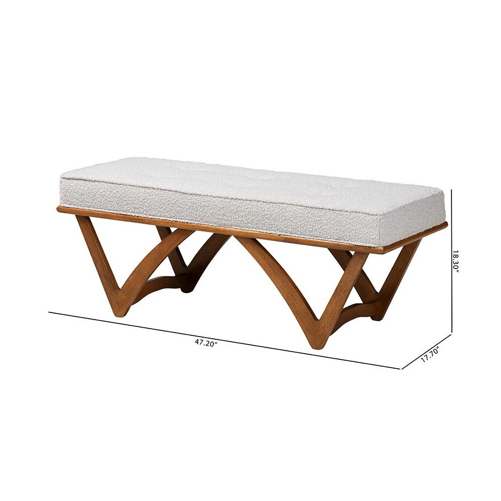 Chenoa Japandi Light Grey Boucle Fabric and Walnut Brown Finished Wood Bench. Picture 8