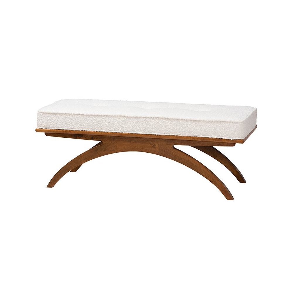 Orella Japandi Cream Boucle Fabric and Walnut Brown Finished Wood Bench. Picture 1