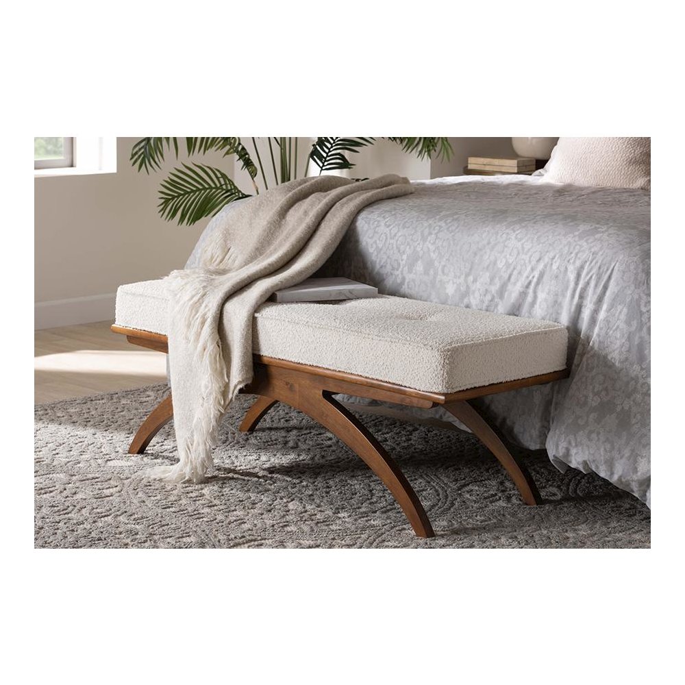 Orella Japandi Cream Boucle Fabric and Walnut Brown Finished Wood Bench. Picture 6
