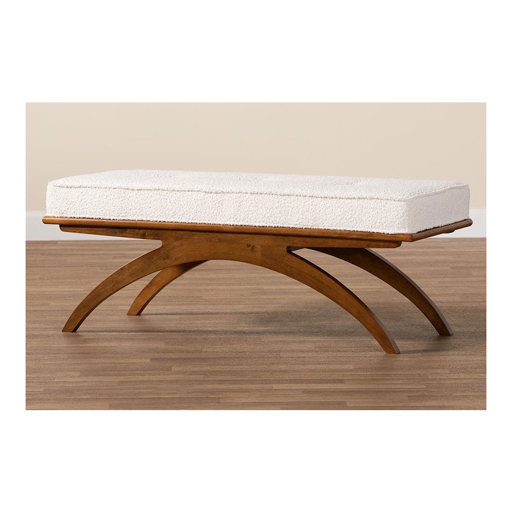 Orella Japandi Cream Boucle Fabric and Walnut Brown Finished Wood Bench. Picture 7