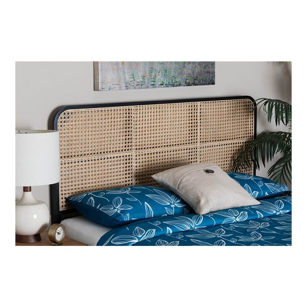 Lainer Modern Bohemian Black Finished Bayur Wood and Natural Bamboo Headboard. Picture 5