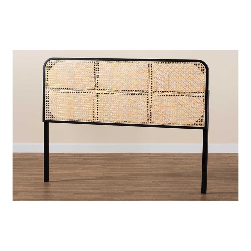 Lainer Modern Bohemian Black Finished Bayur Wood and Natural Bamboo Headboard. Picture 6