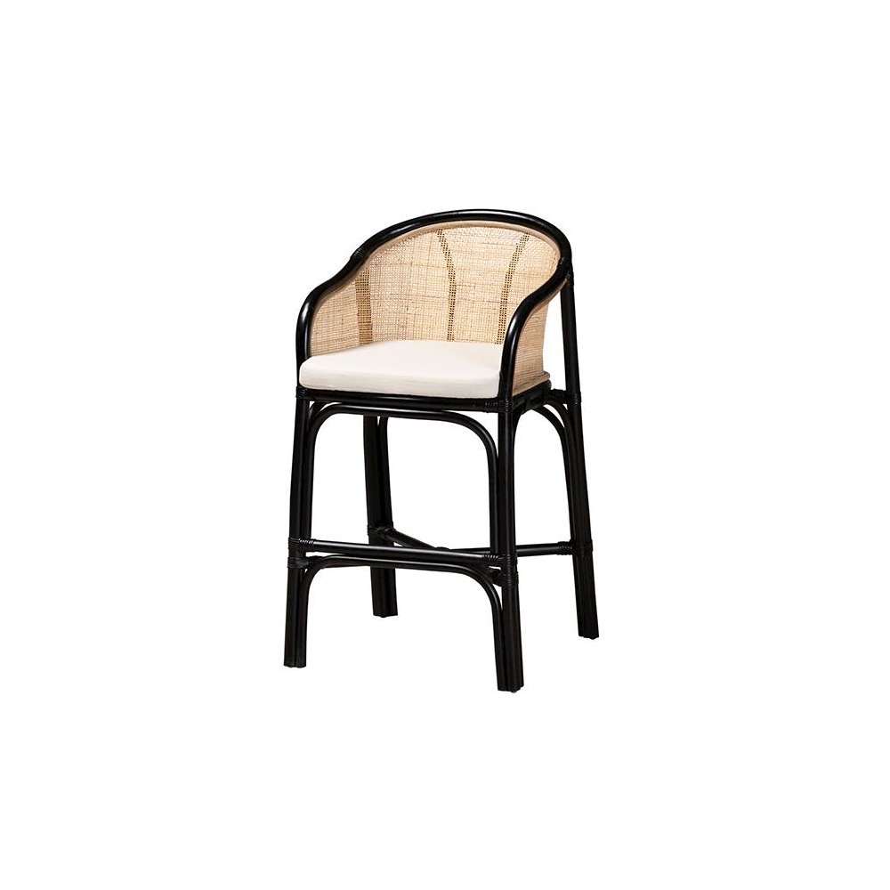 Bohemian Two-Tone Black and Natural Brown Rattan Counter Stool. Picture 1