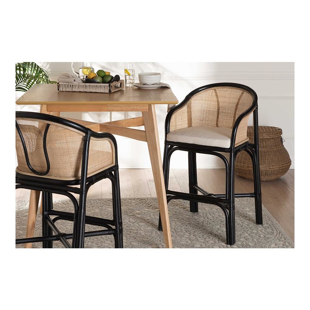 Bohemian Two-Tone Black and Natural Brown Rattan Counter Stool. Picture 8