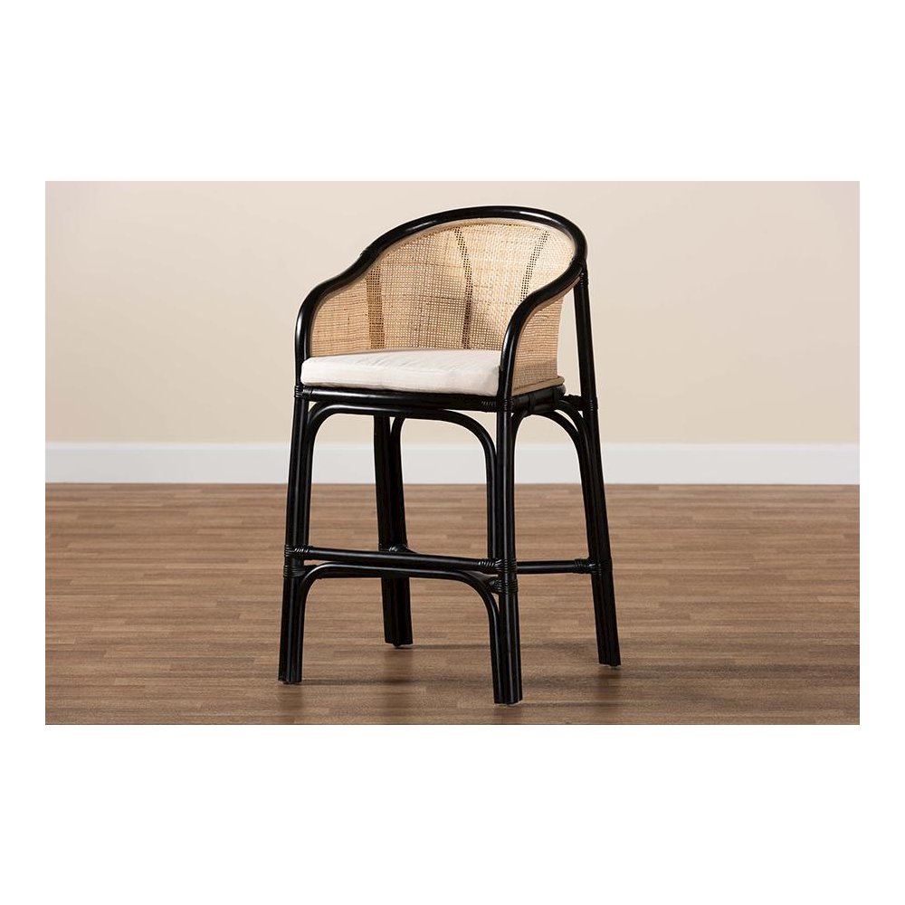 Bohemian Two-Tone Black and Natural Brown Rattan Counter Stool. Picture 9
