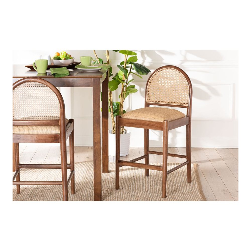 Maryland Modern Bohemian Natural Rattan and Acacia Wood Counter Stool. Picture 8