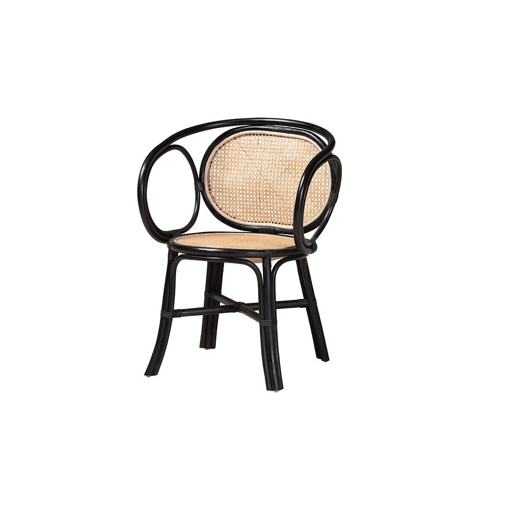 Bohemian Two-Tone Black and  Natural Brown Rattan Dining Chair. Picture 1