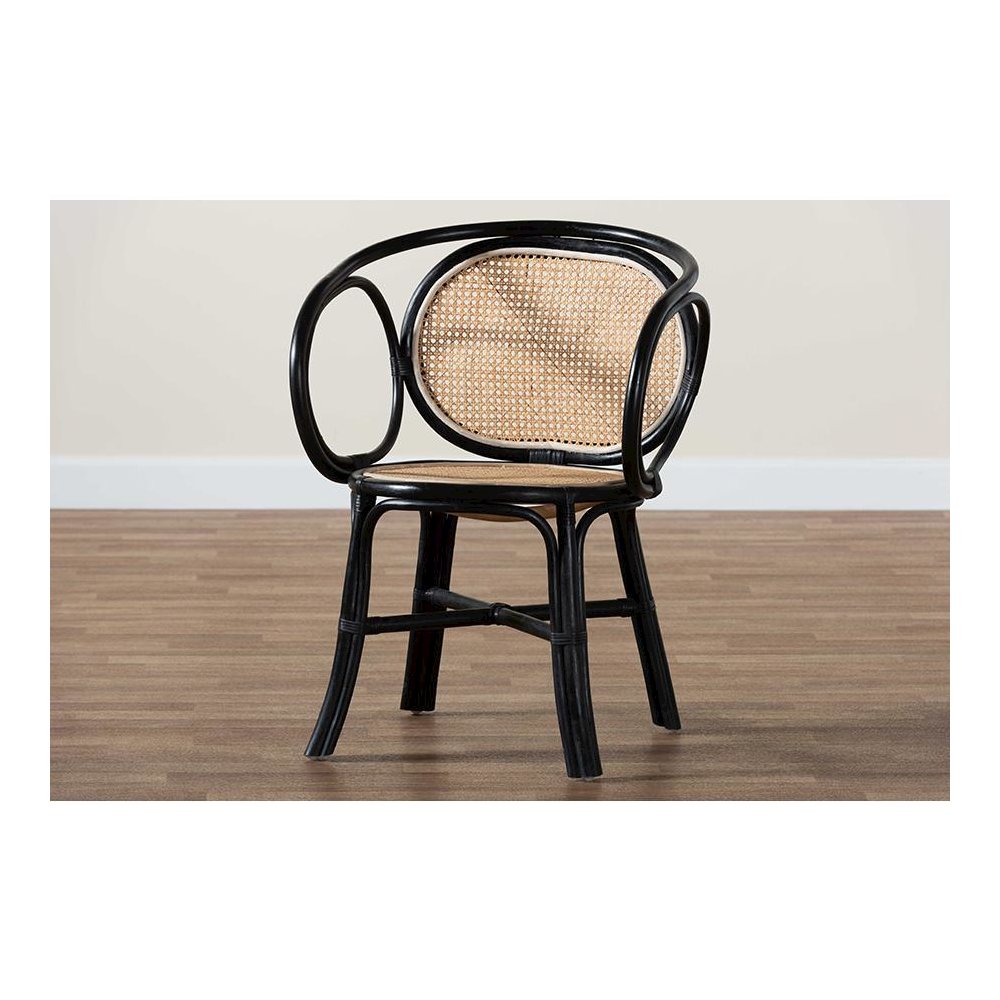 Bohemian Two-Tone Black and  Natural Brown Rattan Dining Chair. Picture 9