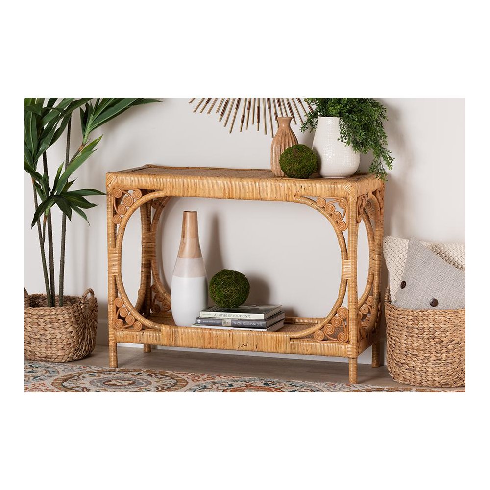 bali & pari Ramona Modern Bohemian Light Honey Rattan Console Table. Picture 7