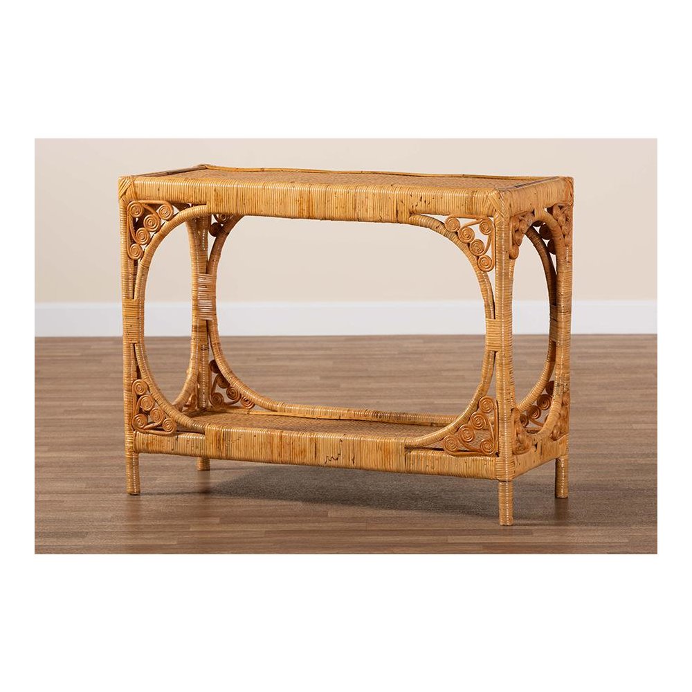 bali & pari Ramona Modern Bohemian Light Honey Rattan Console Table. Picture 8