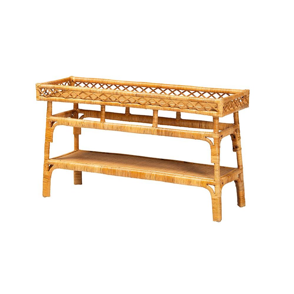 Savitri Modern Bohemian Natural Rattan 2-Tier Console Table. Picture 1