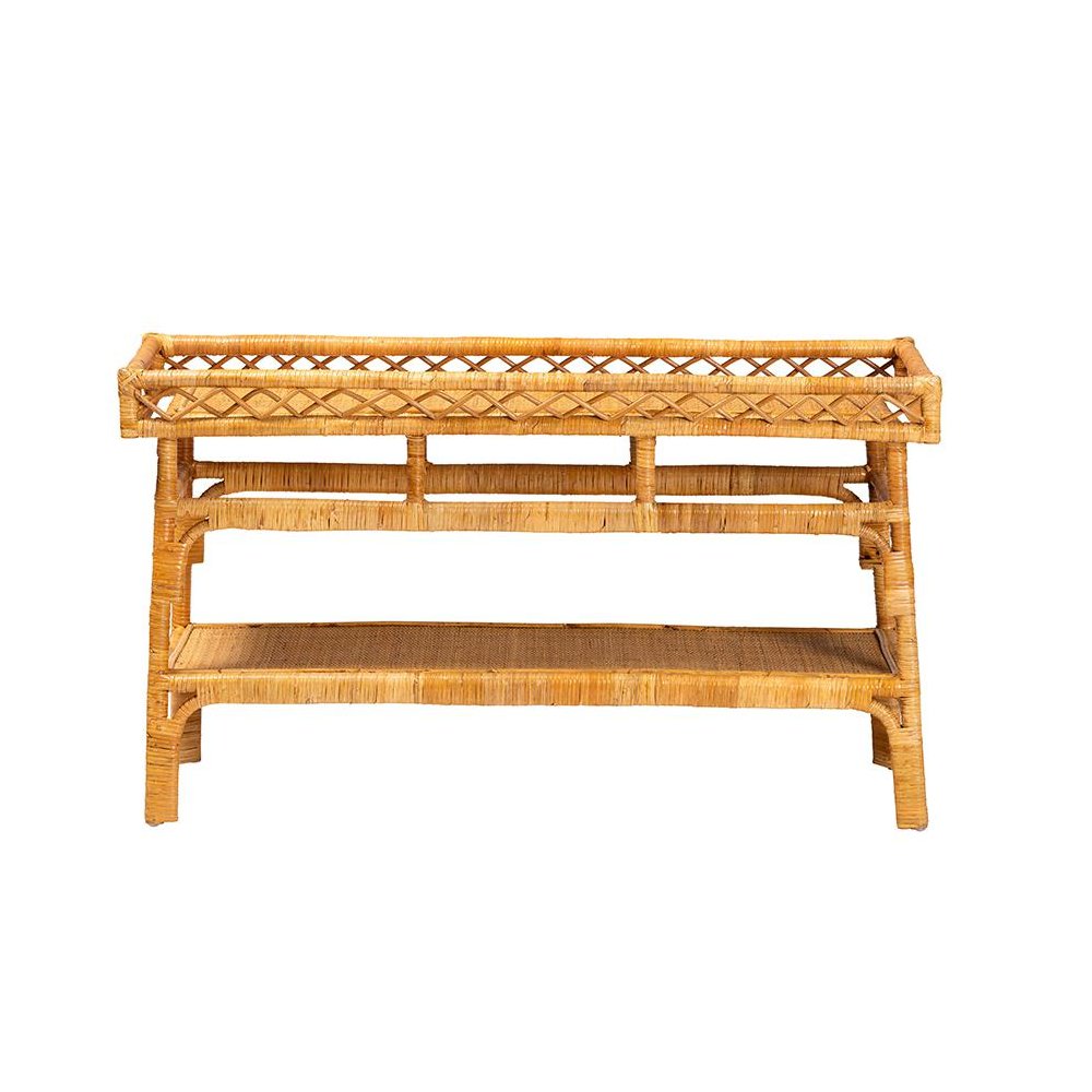 Savitri Modern Bohemian Natural Rattan 2-Tier Console Table. Picture 2