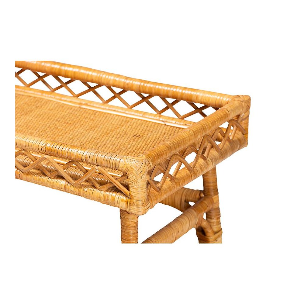 Savitri Modern Bohemian Natural Rattan 2-Tier Console Table. Picture 4