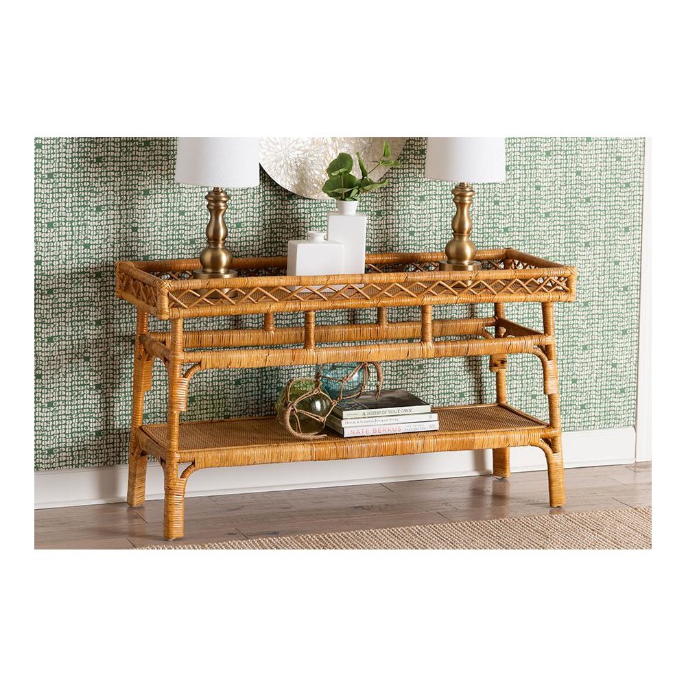 Savitri Modern Bohemian Natural Rattan 2-Tier Console Table. Picture 7