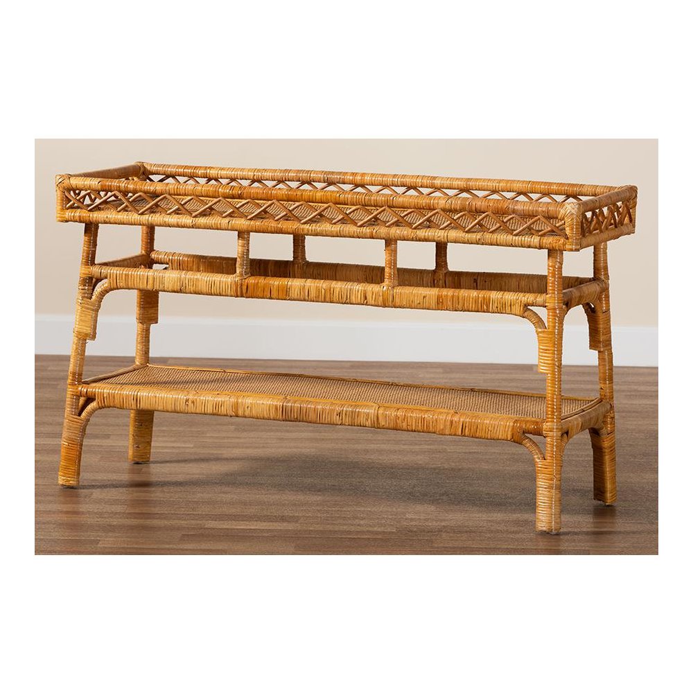Savitri Modern Bohemian Natural Rattan 2-Tier Console Table. Picture 8