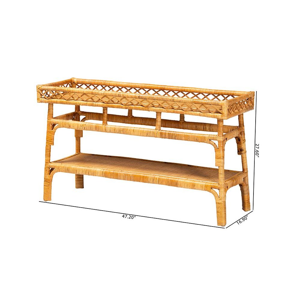 Savitri Modern Bohemian Natural Rattan 2-Tier Console Table. Picture 9