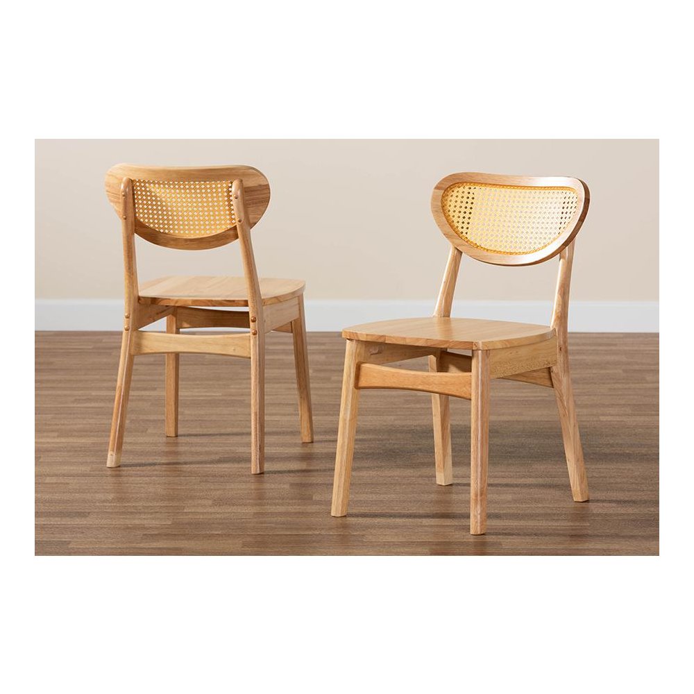 Oak Brown Finished Wood and Rattan 2-Piece Dining Chair Set. Picture 8