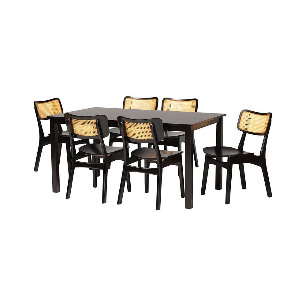 Estera Mid-Century Modern Dark Brown Finished Wood and Rattan 7-Piece Dining Set. Picture 1