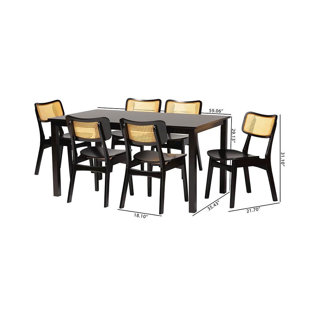 Estera Mid-Century Modern Dark Brown Finished Wood and Rattan 7-Piece Dining Set. Picture 10